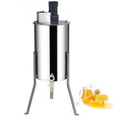 Electric stainless steel honey extractor with 2/4 frame capacity, adjustable stand, and honey jar.