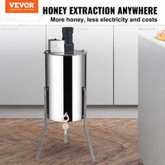 Stainless steel electric honey extractor with 2/4 frame capacity and adjustable stand.
