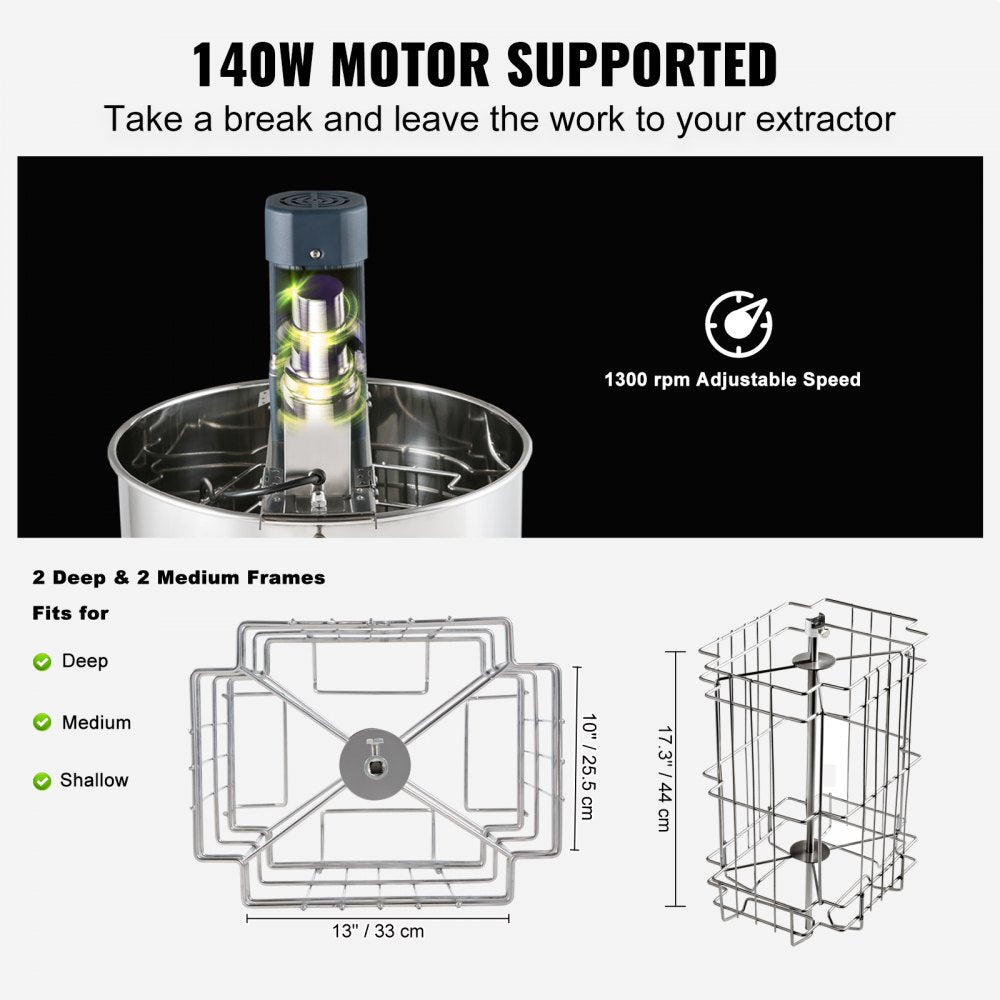 Electric honey extractor with 140W motor, 1200 rpm speed, and frames for 2 deep and 2 medium sizes.