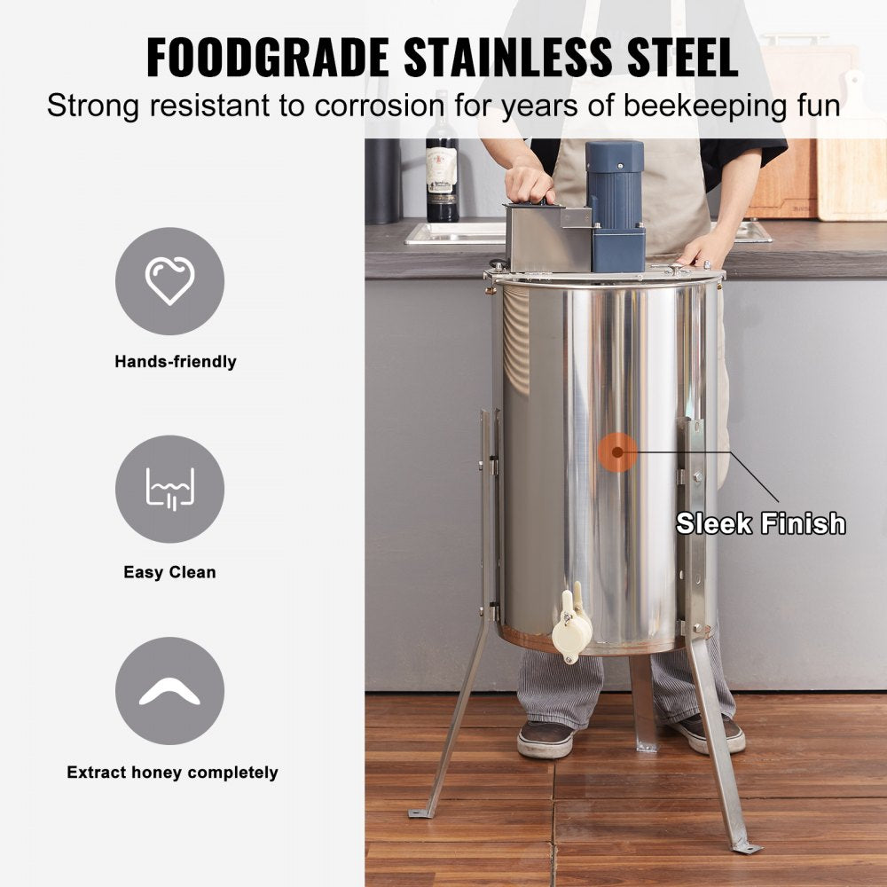 Electric honey extractor with 2/4 frame stainless steel drum on adjustable stand.
