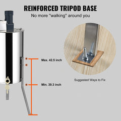 Electric honey extractor with stainless steel drum, adjustable stand from 39.3 to 42.5 inches, and tripod base.