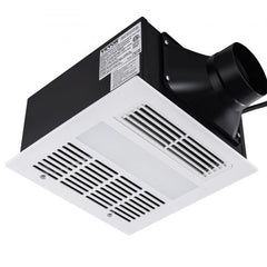 White ceiling-mounted bathroom exhaust fan with black housing, vents, and duct outlet.