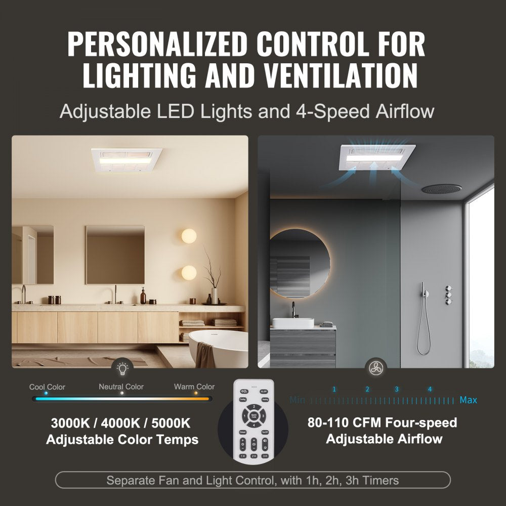 Bathroom exhaust fan with 1500W heater, 110 CFM airflow, and 1.5 sones noise level.