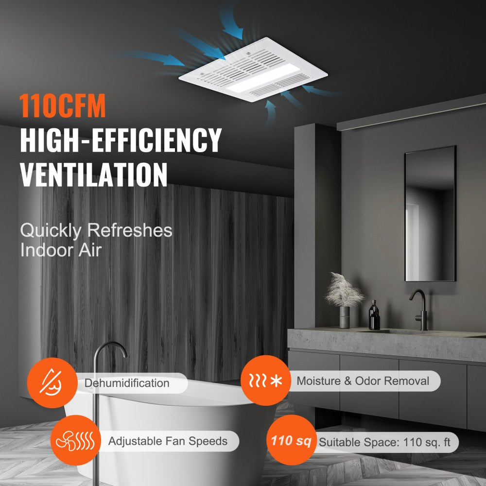 Ceiling-mounted bathroom exhaust fan with 110 CFM airflow, 1500W heating, and adjustable speeds for 110 sq ft spaces.