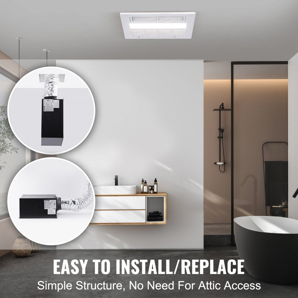 Ceiling-mounted bathroom exhaust fan with heating element, duct, and easy install features.