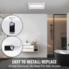 Ceiling-mounted bathroom exhaust fan with heating element, duct, and easy install features.