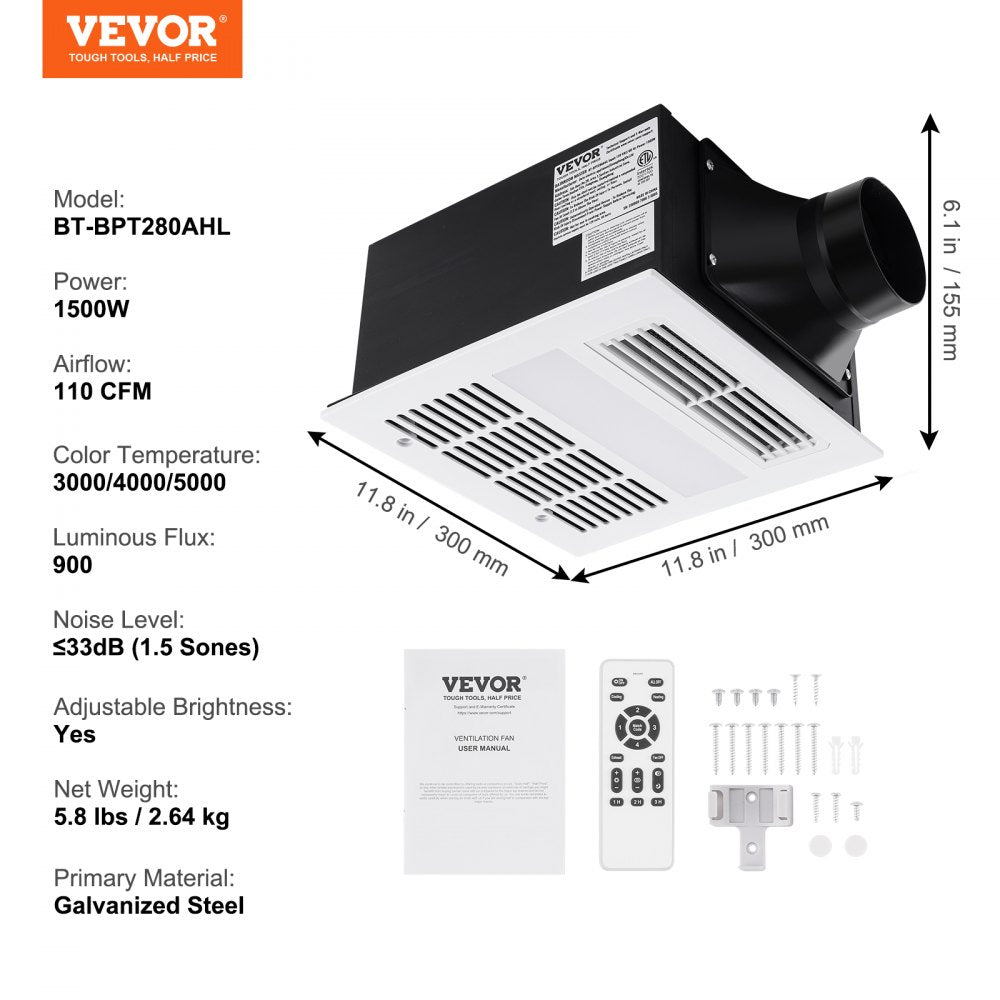 Bostome bathroom exhaust fan with 1500W heating, 110 CFM airflow, and 1.5 sones noise level, shown ceiling-mounted with remote.