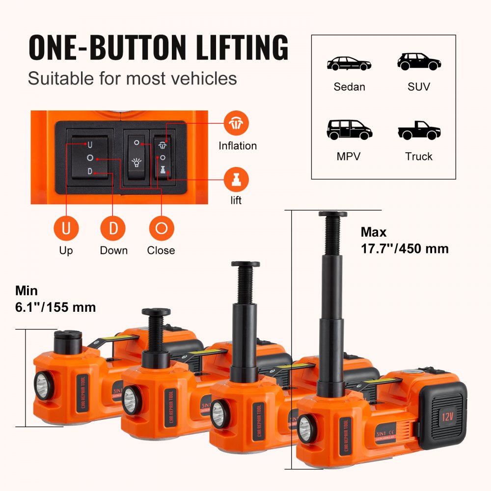Electric Car Jack, 5 Ton/11023 LBS Hydraulic Jack with Electric Impact Wrench, Portable Car Lift with Built-in Inflatable Pump, and LED Light for SUV MPV Sedan Truck Change Tires Garage Repair