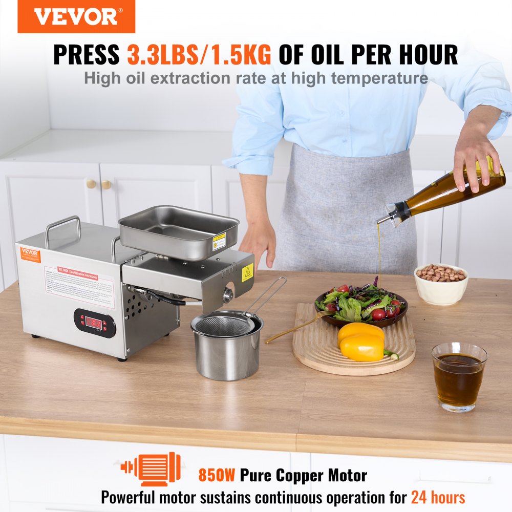 Electric Oil Press Machine, 850W Stainless Steel Oil Extractor Machine, 0-300℃ / 32 - 572 ℉ Adjustable Temperature, Hot Press Oil Expeller for Pressing Peanuts, Sesame Seeds, Rapeseed, Tea Seeds