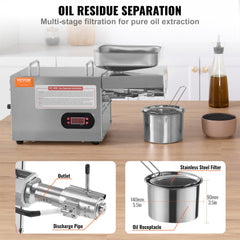 Electric Oil Press Machine, 850W Stainless Steel Oil Extractor Machine, 0-300℃ / 32 - 572 ℉ Adjustable Temperature, Hot Press Oil Expeller for Pressing Peanuts, Sesame Seeds, Rapeseed, Tea Seeds
