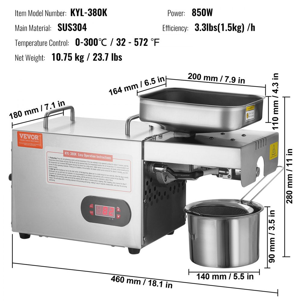 Electric Oil Press Machine, 850W Stainless Steel Oil Extractor Machine, 0-300℃ / 32 - 572 ℉ Adjustable Temperature, Hot Press Oil Expeller for Pressing Peanuts, Sesame Seeds, Rapeseed, Tea Seeds