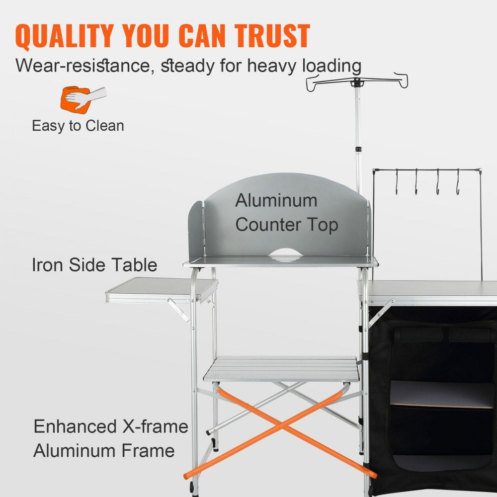 Camping Kitchen Table, Folding Outdoor Cooking Table with Storage Carrying Bag, Aluminum Cook Station 1 Cupboard & Detachable Windscreen, Quick Set-up for Picnics, BBQ, RV Traveling, Black