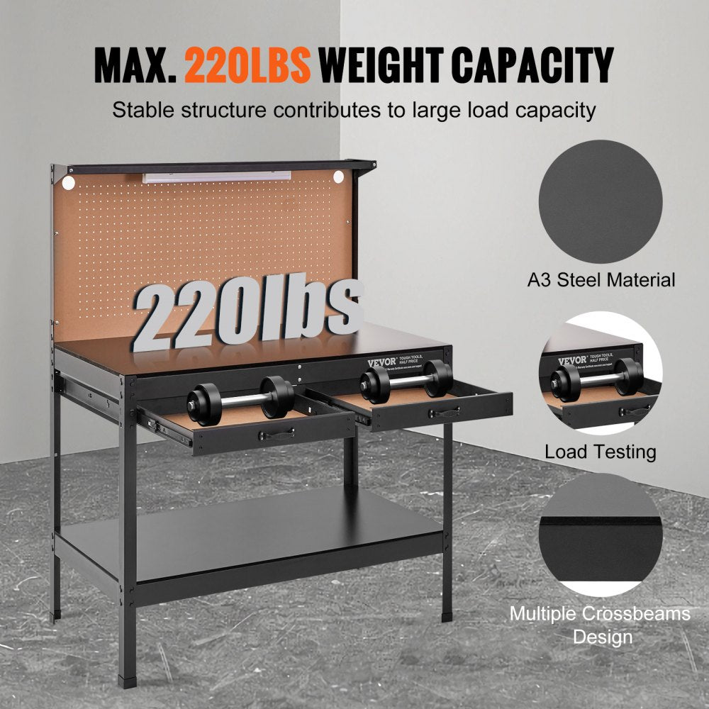 Workbench A3 Steel Work Bench For Garage max. 1500W Heavy Duty Workbench 220lbs Weight Capacity 0.47" Bench top Thickness Hardwood Workbench 1.5m Cable 4xAC outlets 2xUSB ports 30xHooks