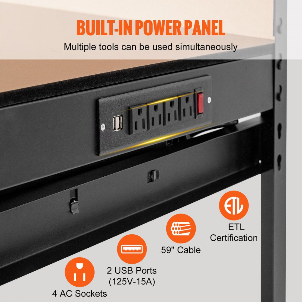 Workbench A3 Steel Work Bench For Garage max. 1500W Heavy Duty Workbench 220lbs Weight Capacity 0.47" Bench top Thickness Hardwood Workbench 1.5m Cable 4xAC outlets 2xUSB ports 30xHooks