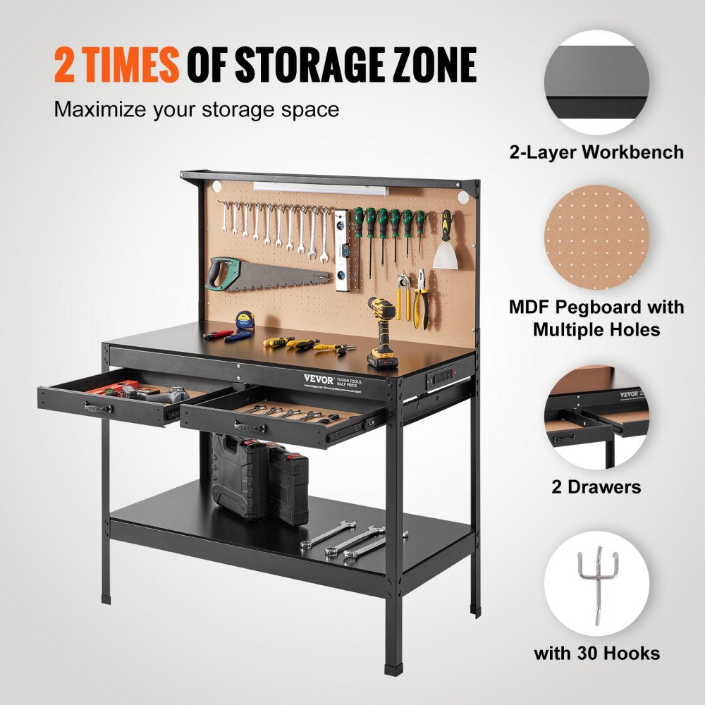 Workbench A3 Steel Work Bench For Garage max. 1500W Heavy Duty Workbench 220lbs Weight Capacity 0.47" Bench top Thickness Hardwood Workbench 1.5m Cable 4xAC outlets 2xUSB ports 30xHooks
