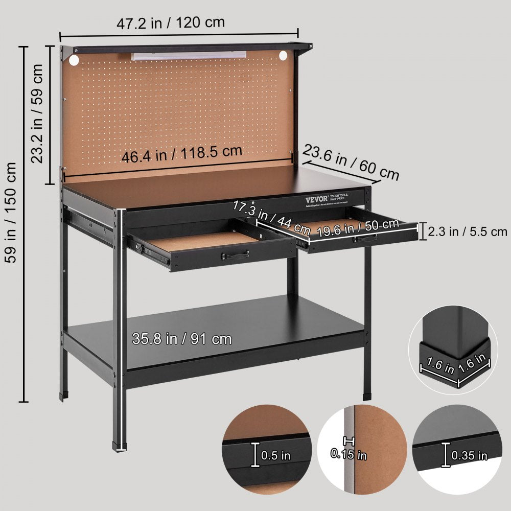 Workbench A3 Steel Work Bench For Garage max. 1500W Heavy Duty Workbench 220lbs Weight Capacity 0.47" Bench top Thickness Hardwood Workbench 1.5m Cable 4xAC outlets 2xUSB ports 30xHooks