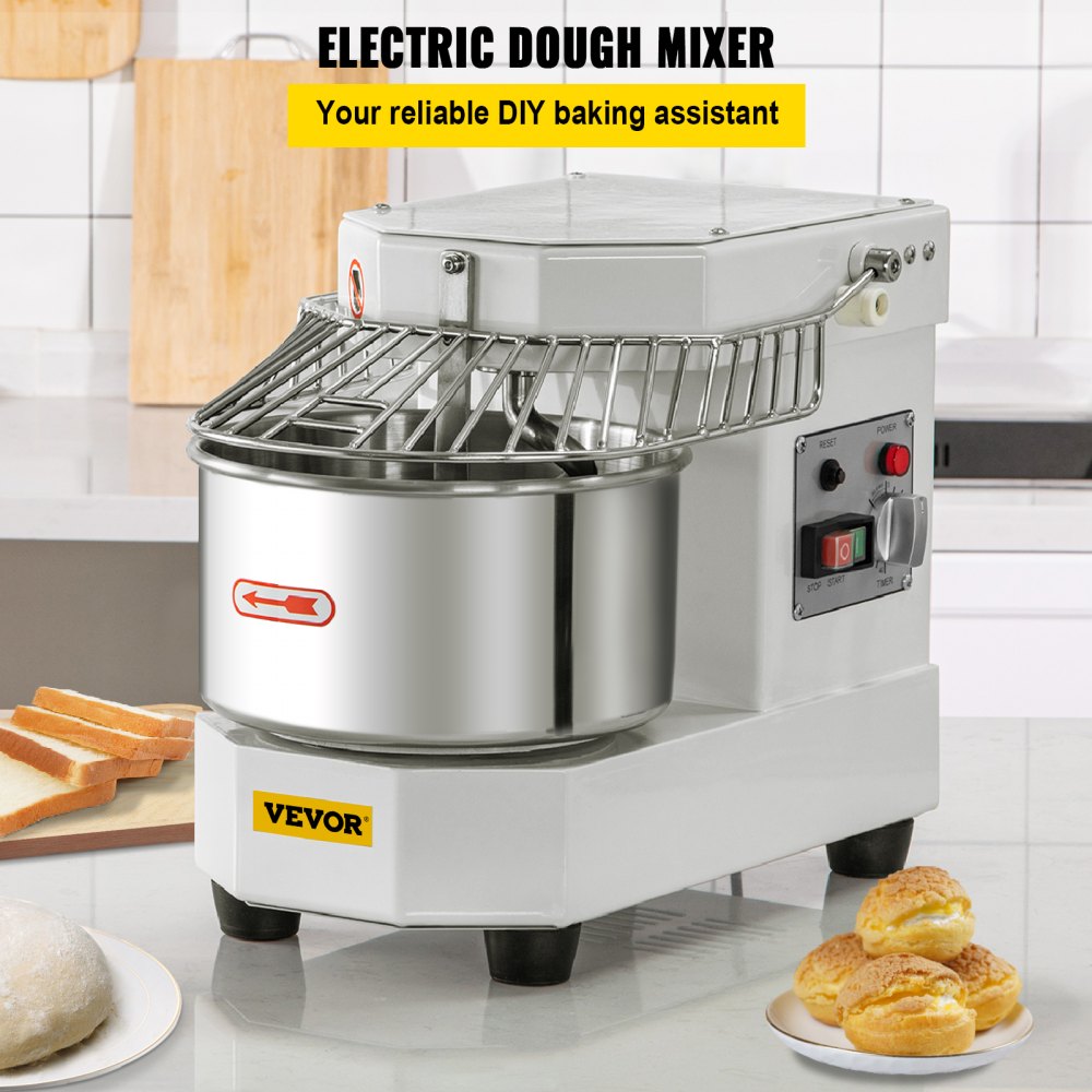 Commercial Food Mixer, 8.5Qt Capacity, 450W Dual Rotating Dough Kneading Machine with Food-grade Stainless Steel Bowl, Security Shield & Timer Included, Baking Equipment for Restaurant Pizzeria
