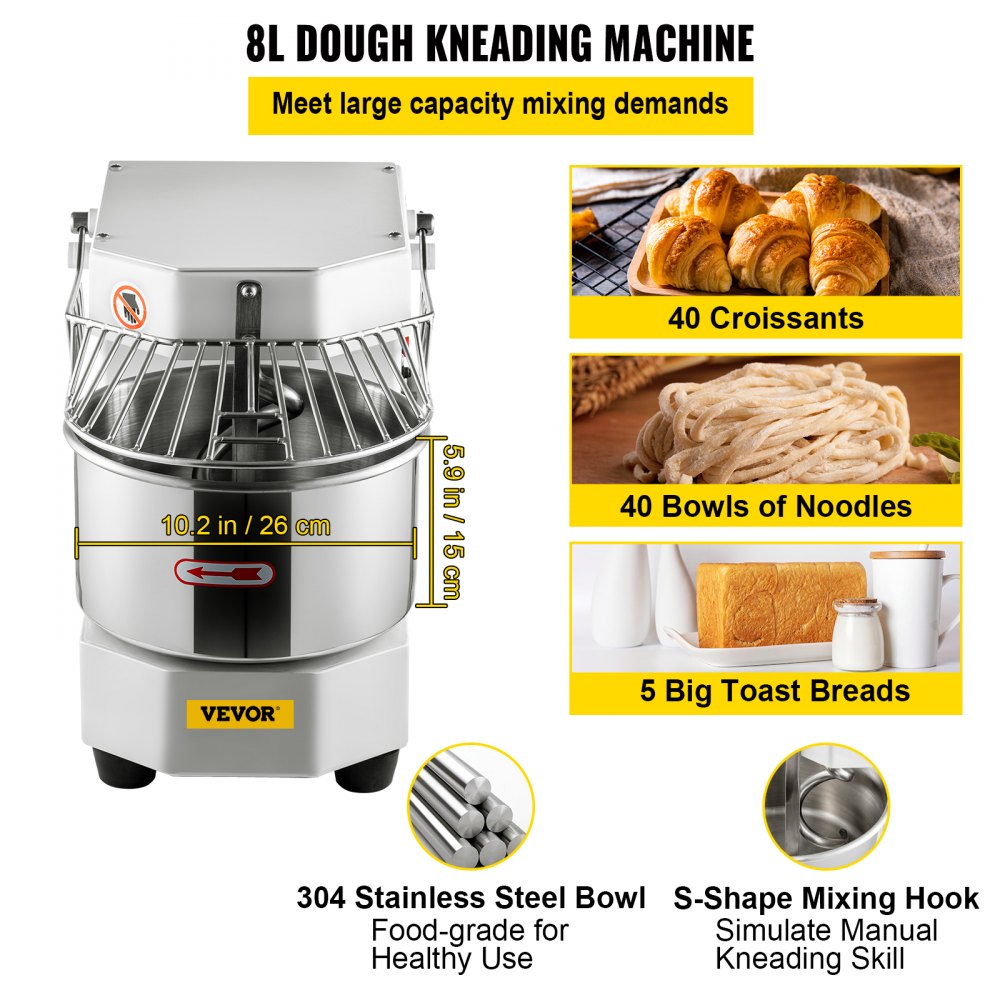 Commercial Food Mixer, 8.5Qt Capacity, 450W Dual Rotating Dough Kneading Machine with Food-grade Stainless Steel Bowl, Security Shield & Timer Included, Baking Equipment for Restaurant Pizzeria