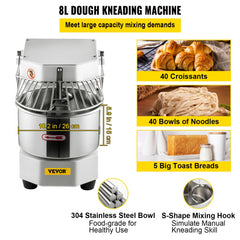 Commercial Food Mixer, 8.5Qt Capacity, 450W Dual Rotating Dough Kneading Machine with Food-grade Stainless Steel Bowl, Security Shield & Timer Included, Baking Equipment for Restaurant Pizzeria