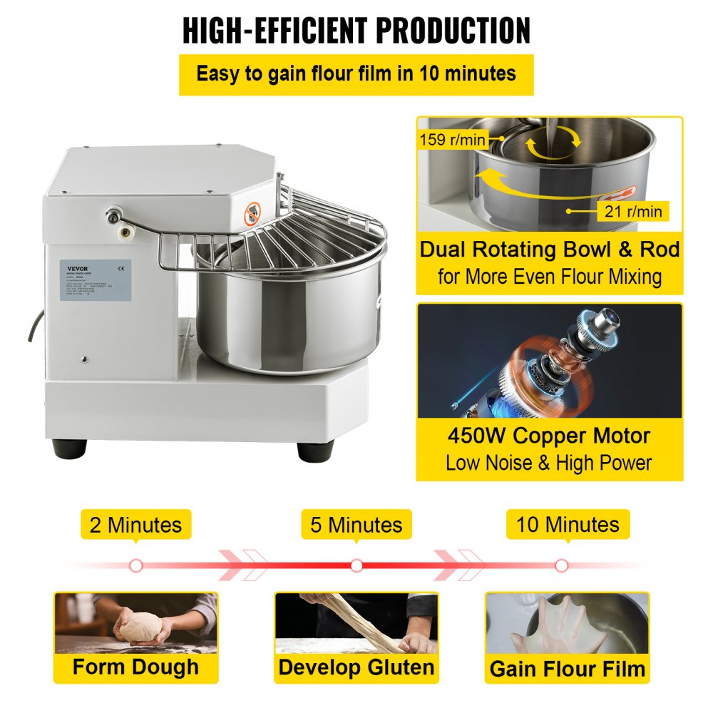 Commercial Food Mixer, 8.5Qt Capacity, 450W Dual Rotating Dough Kneading Machine with Food-grade Stainless Steel Bowl, Security Shield & Timer Included, Baking Equipment for Restaurant Pizzeria