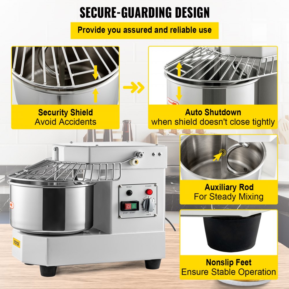 Commercial Food Mixer, 8.5Qt Capacity, 450W Dual Rotating Dough Kneading Machine with Food-grade Stainless Steel Bowl, Security Shield & Timer Included, Baking Equipment for Restaurant Pizzeria
