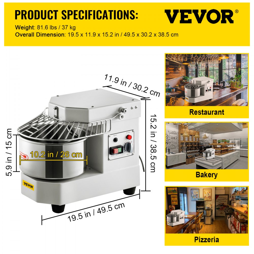 Commercial Food Mixer, 8.5Qt Capacity, 450W Dual Rotating Dough Kneading Machine with Food-grade Stainless Steel Bowl, Security Shield & Timer Included, Baking Equipment for Restaurant Pizzeria