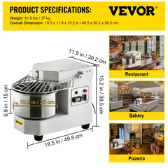 Commercial Food Mixer, 8.5Qt Capacity, 450W Dual Rotating Dough Kneading Machine with Food-grade Stainless Steel Bowl, Security Shield & Timer Included, Baking Equipment for Restaurant Pizzeria