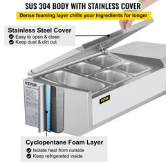 Refrigerated Condiment Prep Station, 40-Inch, 7.8 Qt Sandwich/Salad Prep Table with 1 1/3 Pan & 4 1/6 Pans, 150W Salad Bar with 304 Stainless Body and Cover Temp Adjuster One-Click Defrosting