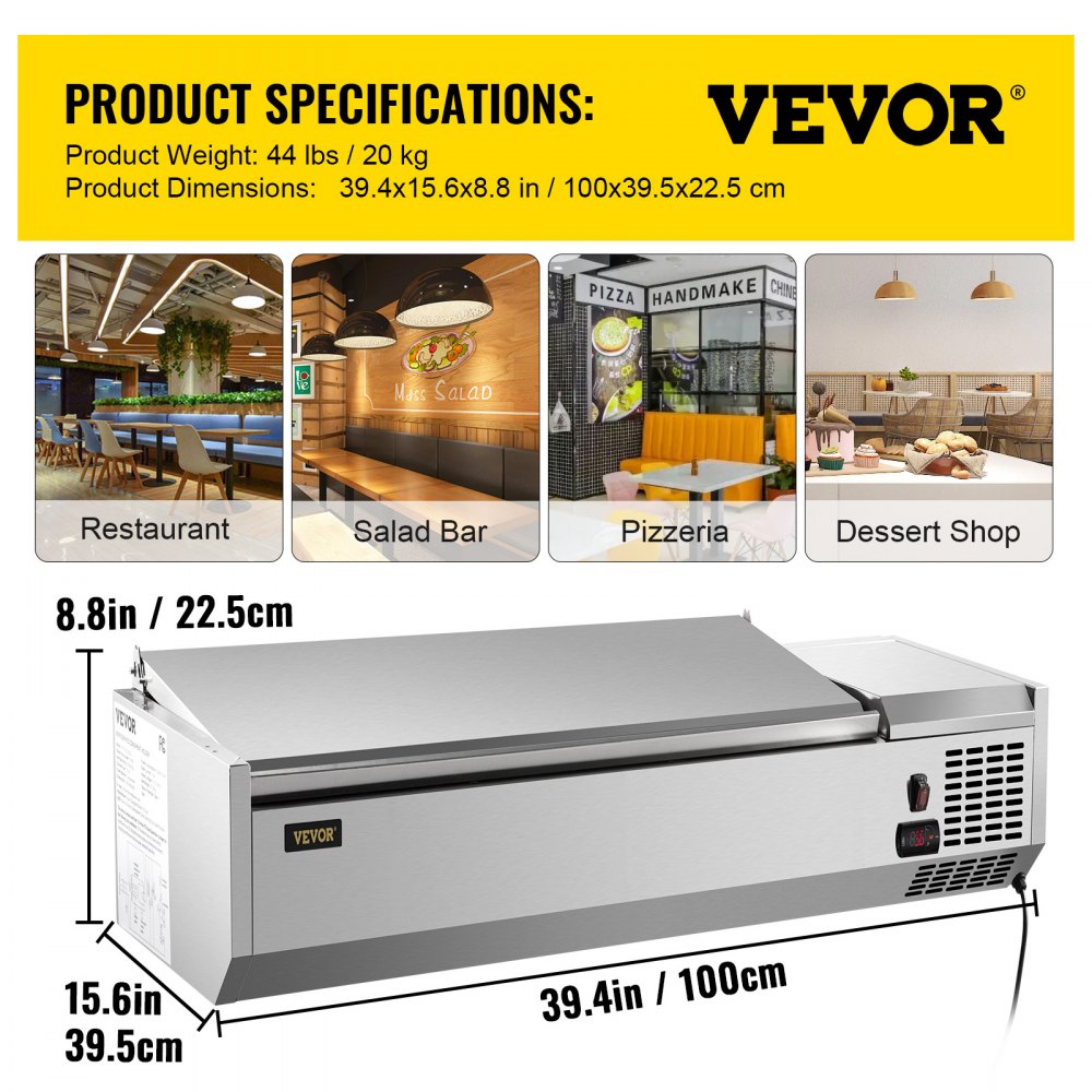 Refrigerated Condiment Prep Station, 40-Inch, 7.8 Qt Sandwich/Salad Prep Table with 1 1/3 Pan & 4 1/6 Pans, 150W Salad Bar with 304 Stainless Body and Cover Temp Adjuster One-Click Defrosting