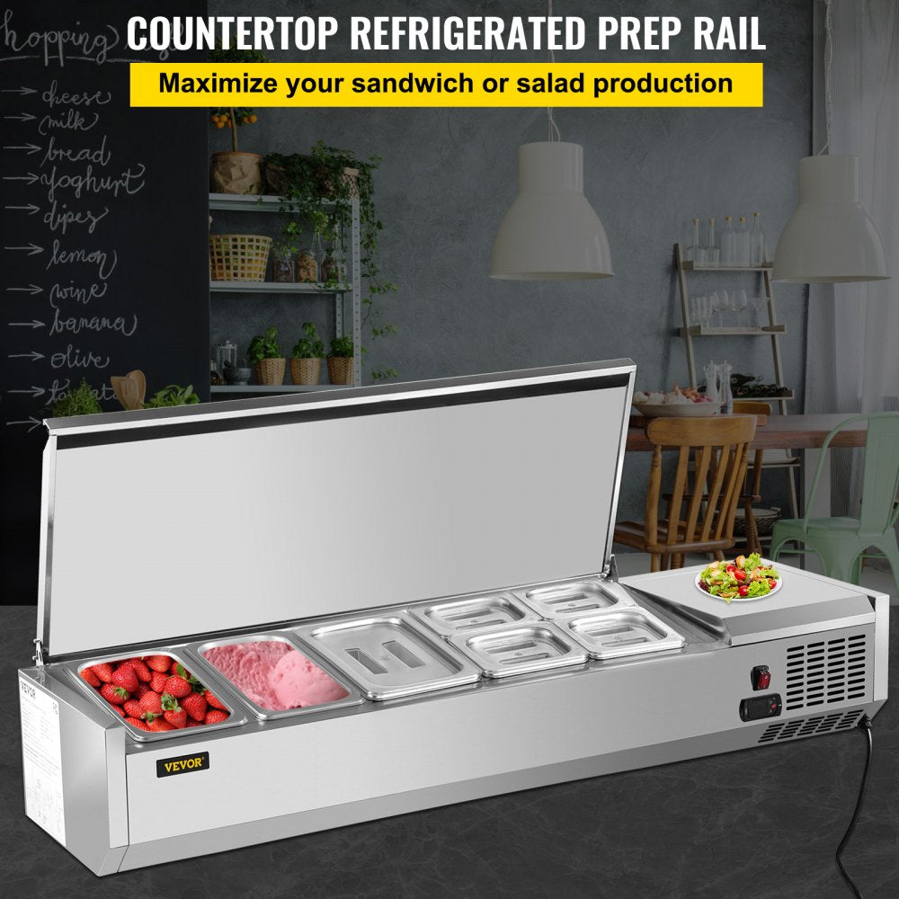 Refrigerated Condiment Prep Station, 55-Inch, 13.8Qt Sandwich/Salad Prep Table with 3 1/3 Pans & 4 1/6 Pans, 150W Salad Bar with 304 Stainless Body and Cover Temp Adjuster One-Click Defrosting