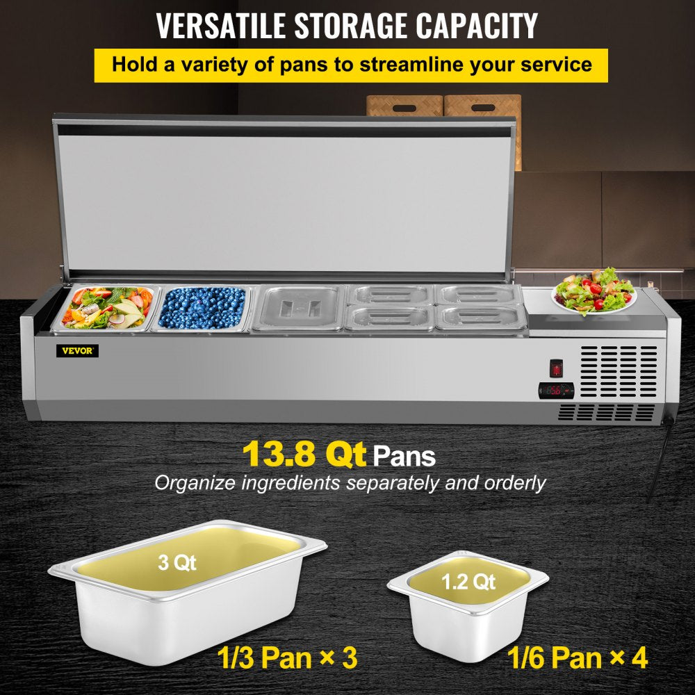 Refrigerated Condiment Prep Station, 55-Inch, 13.8Qt Sandwich/Salad Prep Table with 3 1/3 Pans & 4 1/6 Pans, 150W Salad Bar with 304 Stainless Body and Cover Temp Adjuster One-Click Defrosting