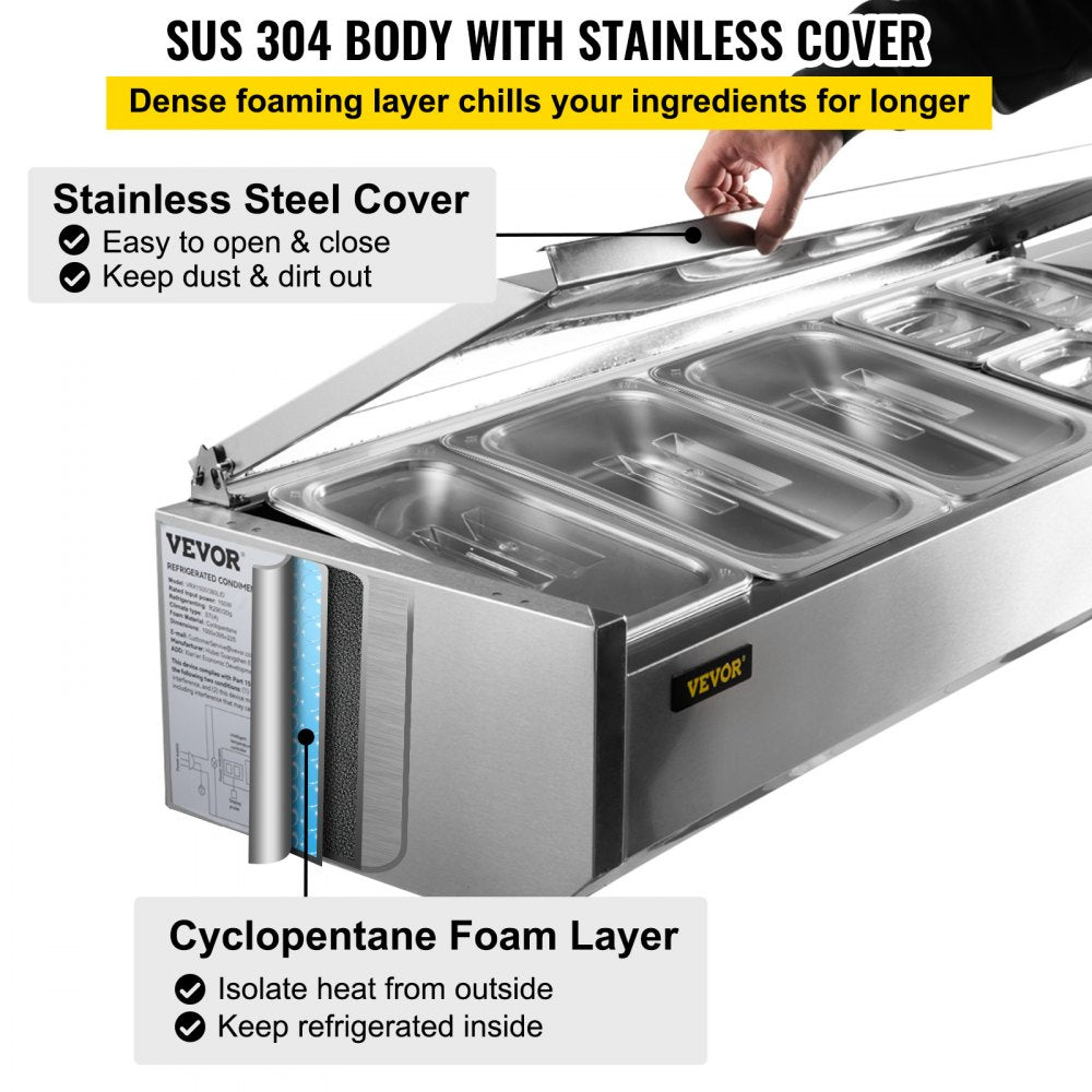 Refrigerated Condiment Prep Station, 55-Inch, 13.8Qt Sandwich/Salad Prep Table with 3 1/3 Pans & 4 1/6 Pans, 150W Salad Bar with 304 Stainless Body and Cover Temp Adjuster One-Click Defrosting
