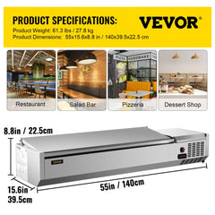Refrigerated Condiment Prep Station, 55-Inch, 13.8Qt Sandwich/Salad Prep Table with 3 1/3 Pans & 4 1/6 Pans, 150W Salad Bar with 304 Stainless Body and Cover Temp Adjuster One-Click Defrosting