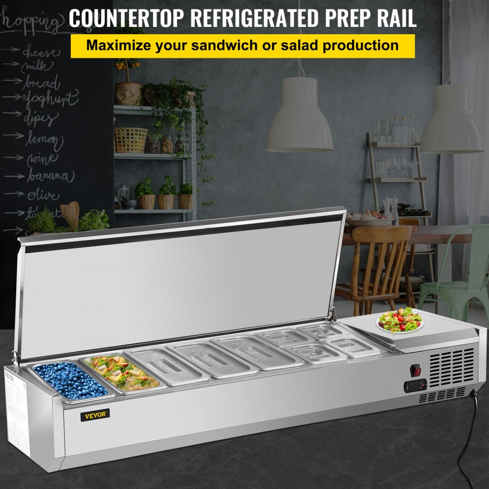 Refrigerated Condiment Prep Station, 71-Inch, 19.8Qt Sandwich / Salad Prep Table with 5 1/3 Pans & 4 1/6 Pans, 150W Salad Bar with 304 Stainless Body and Cover Temp Adjuster One-Click Defrosting