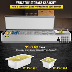 Refrigerated Condiment Prep Station, 71-Inch, 19.8Qt Sandwich / Salad Prep Table with 5 1/3 Pans & 4 1/6 Pans, 150W Salad Bar with 304 Stainless Body and Cover Temp Adjuster One-Click Defrosting
