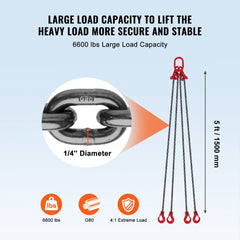 1/4" x 5` Chain Sling 4 Legs G80 Lifting Chain with Grab Hooks 6600 lbs