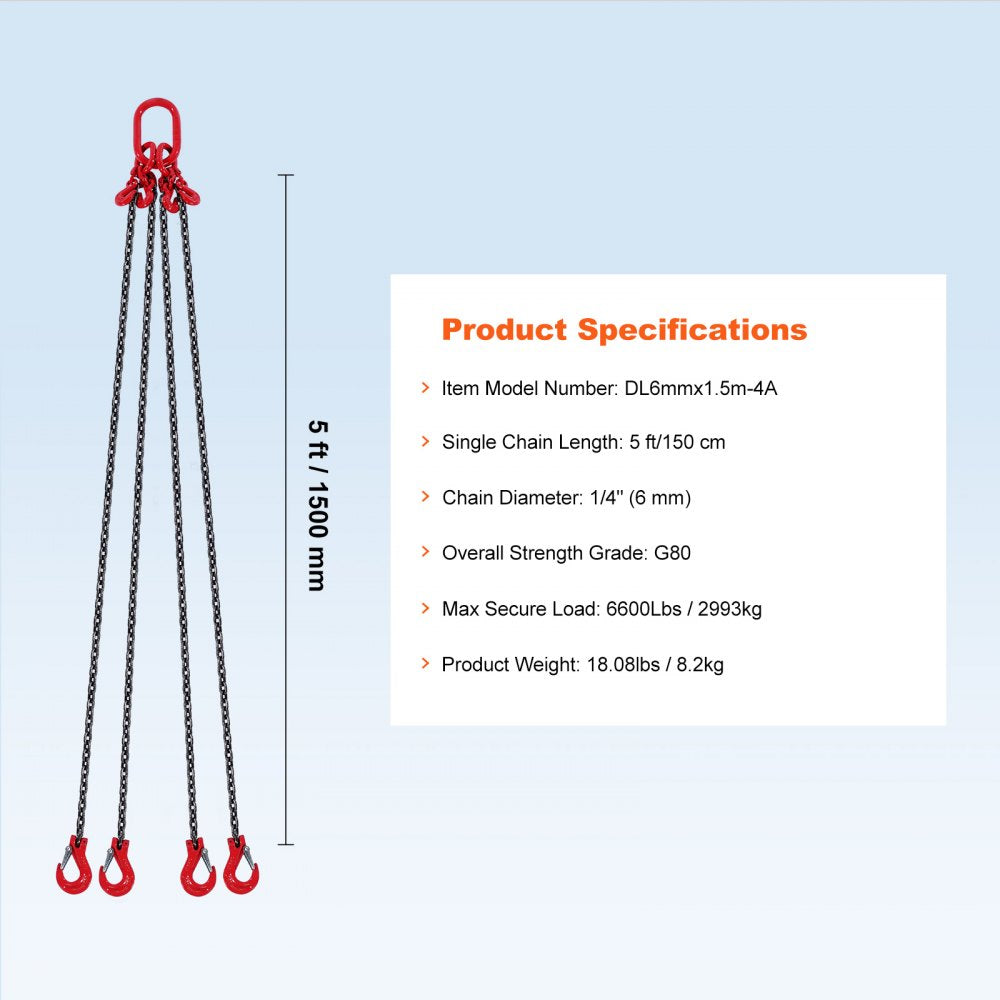 1/4" x 5` Chain Sling 4 Legs G80 Lifting Chain with Grab Hooks 6600 lbs