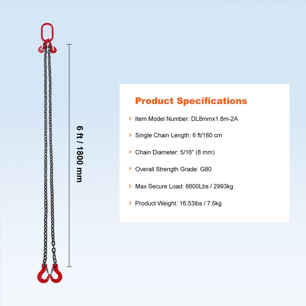 5/16" x 6` Chain Sling 2 Legs G80 Lifting Chain with Grab Hooks 6600 lbs