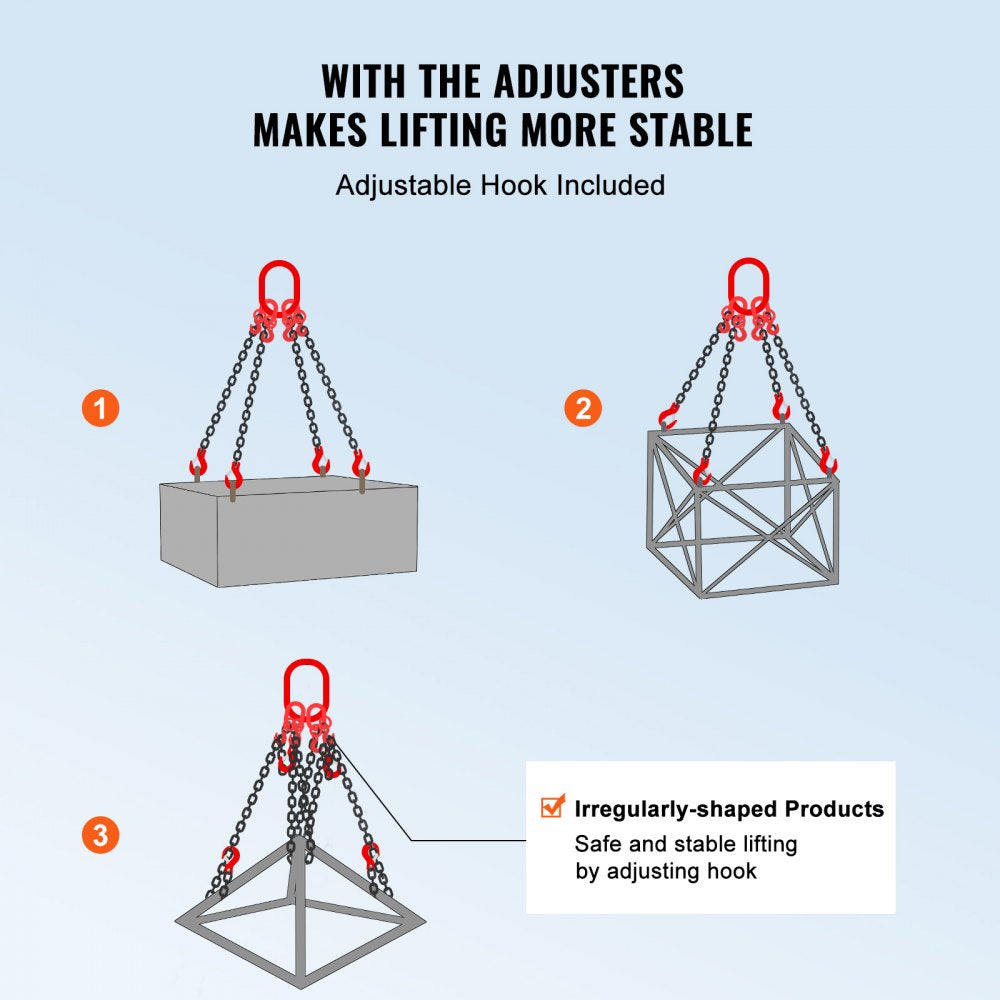 3/8" x 10` Chain Sling 4 Legs G80 Lifting Chain with Grab Hooks 18400 lbs
