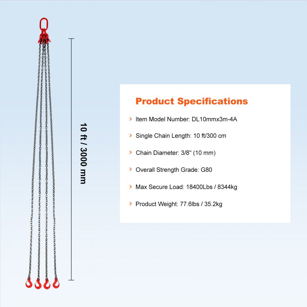 3/8" x 10` Chain Sling 4 Legs G80 Lifting Chain with Grab Hooks 18400 lbs
