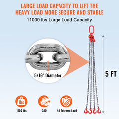 Chain Sling, 11000 lbs Weight Capacity, 5/16`` x 5` G80 Lifting Chain with Grab Hooks, DOT Certified, Blackening Coating Manganese Steel & Adjustable Length, for Dock Factory Construction Site