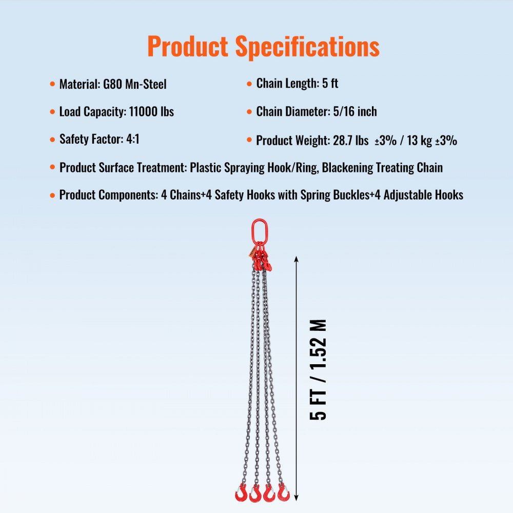 Chain Sling, 11000 lbs Weight Capacity, 5/16`` x 5` G80 Lifting Chain with Grab Hooks, DOT Certified, Blackening Coating Manganese Steel & Adjustable Length, for Dock Factory Construction Site