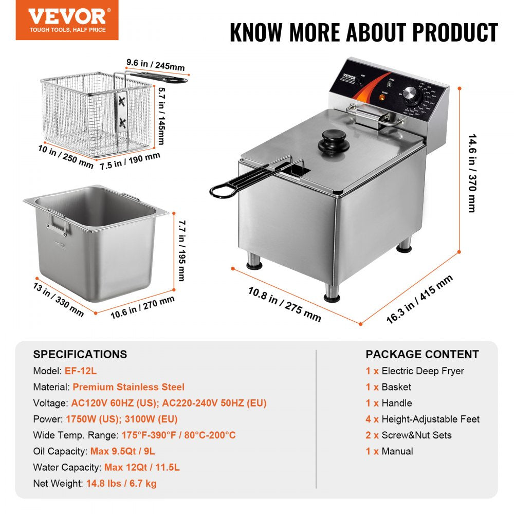Commercial Electric Deep Fryer Countertop Deep Fryer 1750W 12Qt / 11.5L