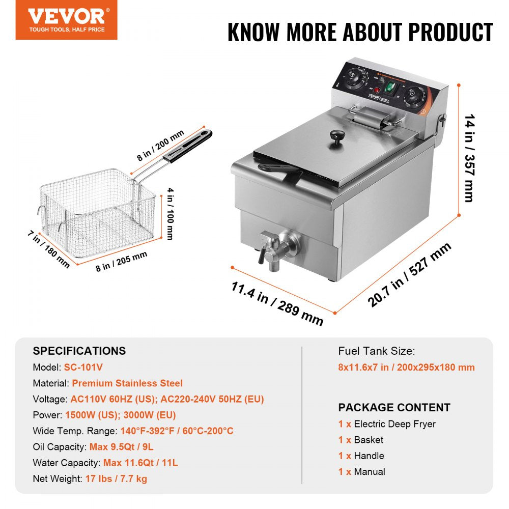 Commercial Electric Deep Fryer Countertop Deep Fryer 1500W 11.6Qt / 11L