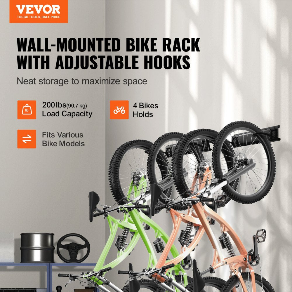 Bike Storage Rack, 4 Bike Racks and 2 Helmets Hooks, Wall Mount Bike Storage Hanger, Home & Garage Organizer, Customizable for Various Bike Sizes, Adjustable Holder, Holds Up to 200 lbs, 36-inch