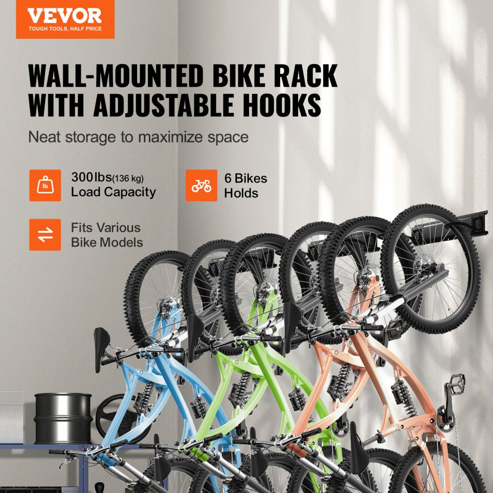Bike Storage Rack, 6 Bike Racks and 3 Helmets Hooks, Wall Mount Bike Storage Hanger, Home & Garage Organizer, Customizable for Various Bike Sizes, Adjustable Holder, Holds Up to 300 lbs, 51-inch