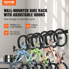 Bike Storage Rack, 6 Bike Racks and 5 Helmets Hooks, Wall Mount Bike Storage Hanger, Home & Garage Organizer, Customizable for Various Bike Sizes, Adjustable Holder, Holds Up to 300 lbs, 64-inch