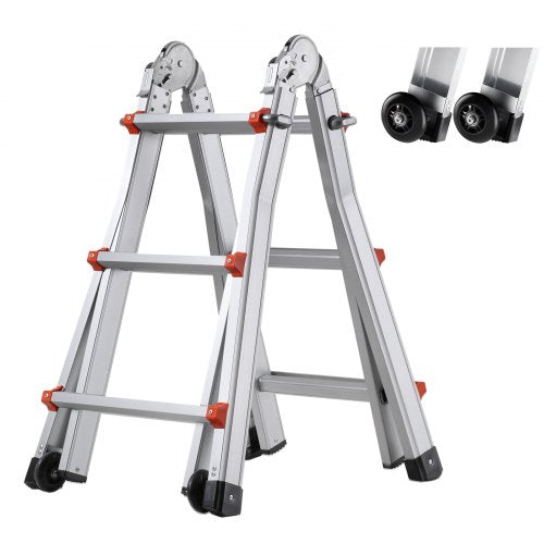 Silver telescoping A-frame ladder extended to 9.5 ft with red accents, wheels, and 330 lbs capacity.