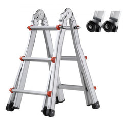 Silver telescoping A-frame ladder extended to 9.5 ft with red accents, wheels, and 330 lbs capacity.