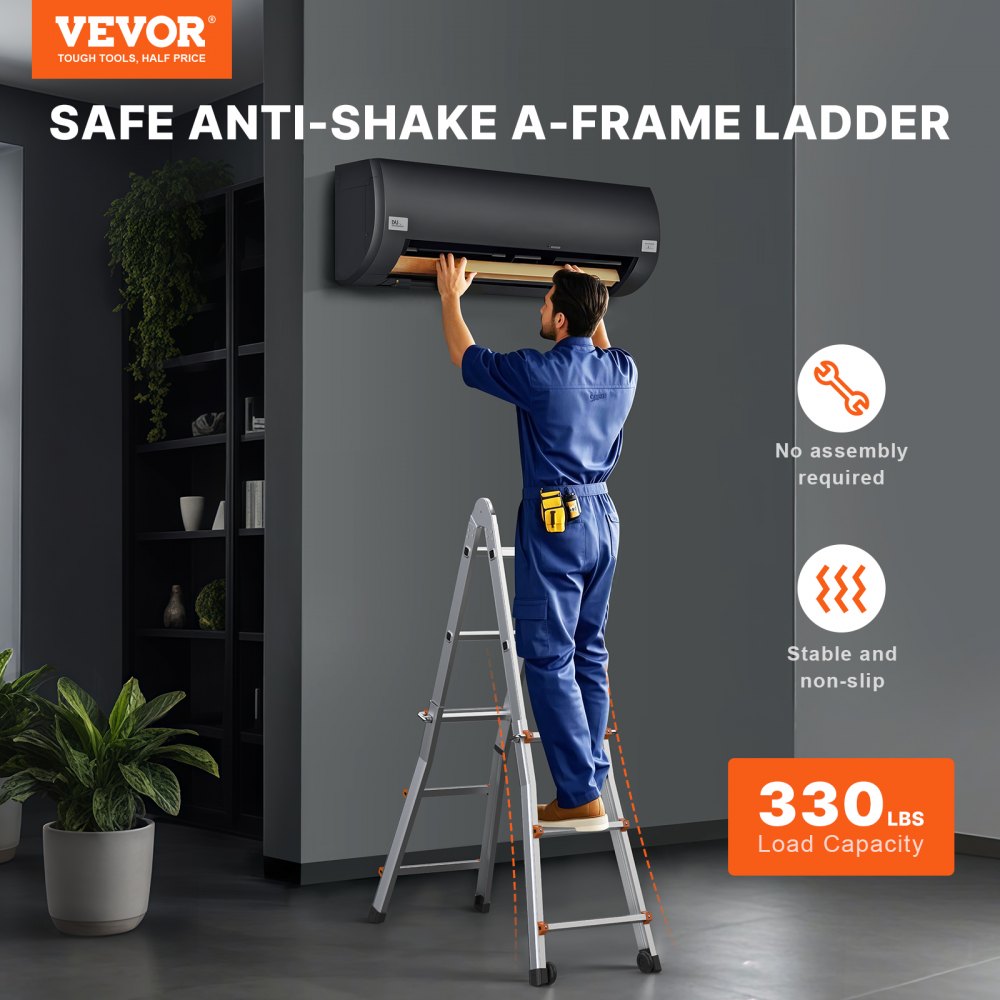 A man uses a 9.5 ft telescoping A-frame extension ladder to install an air conditioner unit, highlighting its 330 lbs capacity and non-slip features.